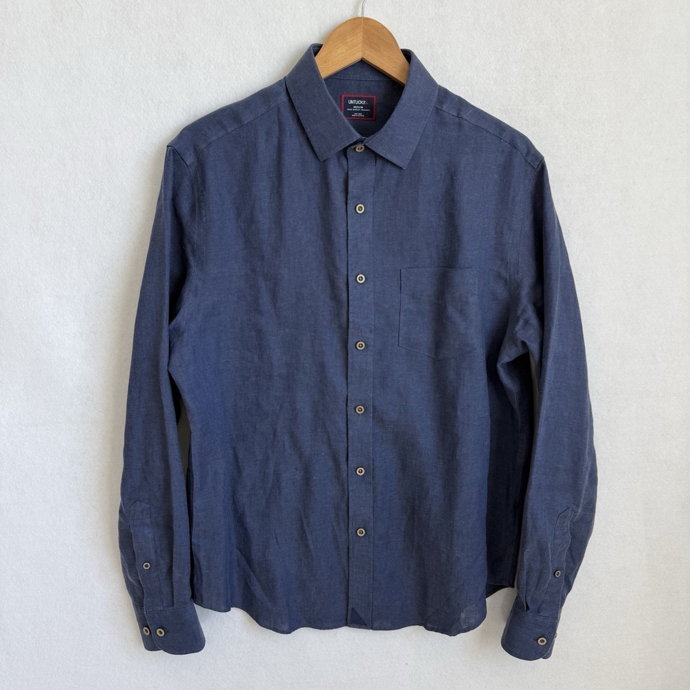 Untuckit Mens 100% Linen Vin Santo L/S Shirt Medium Navy Blue Button Up PRISTINE